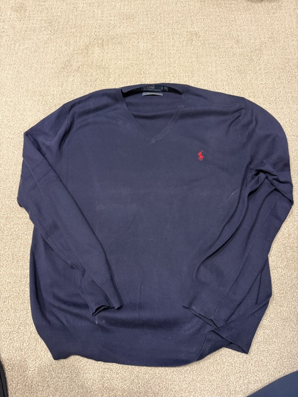 Ralph Lauren Navy V-Neck Sweater with Red Polo Logo